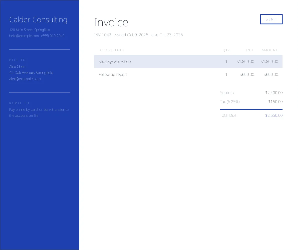 The Bureau invoice template filled in for Calder Consulting (sample data)