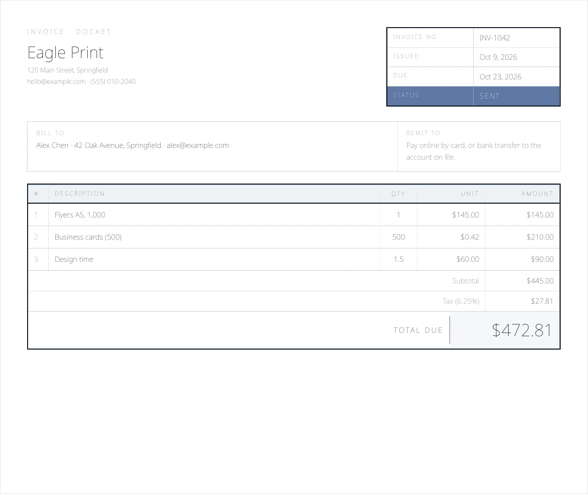 The Counter invoice template filled in for Eagle Print (sample data)