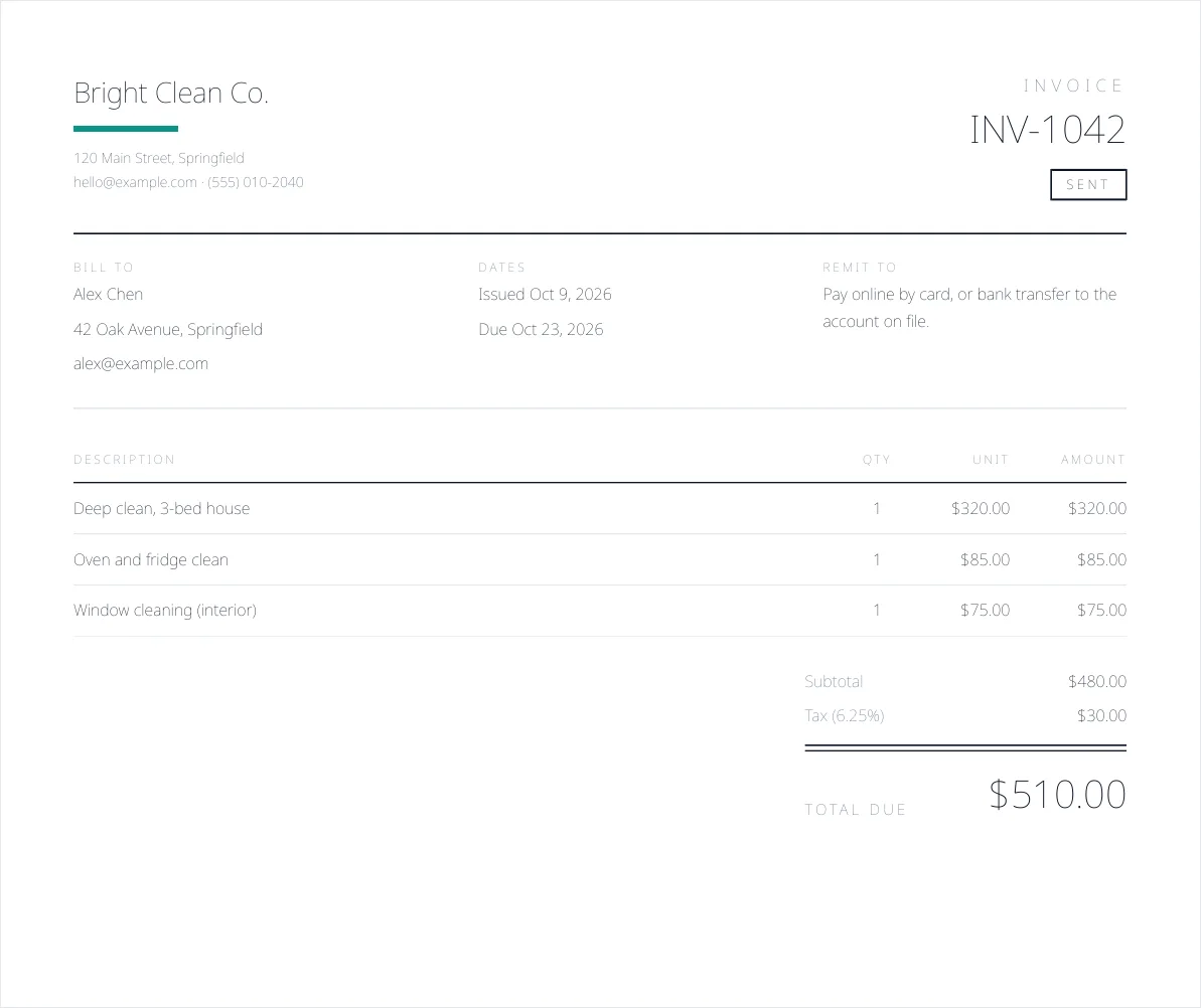 The Ledger invoice template filled in for Bright Clean Co. (sample data)