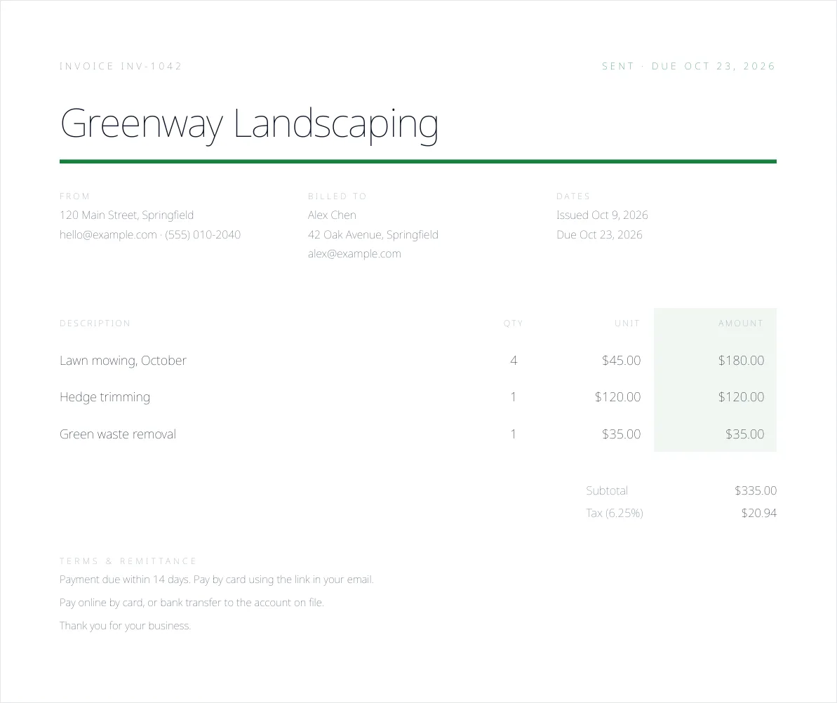 The Notice invoice template filled in for Greenway Landscaping (sample data)