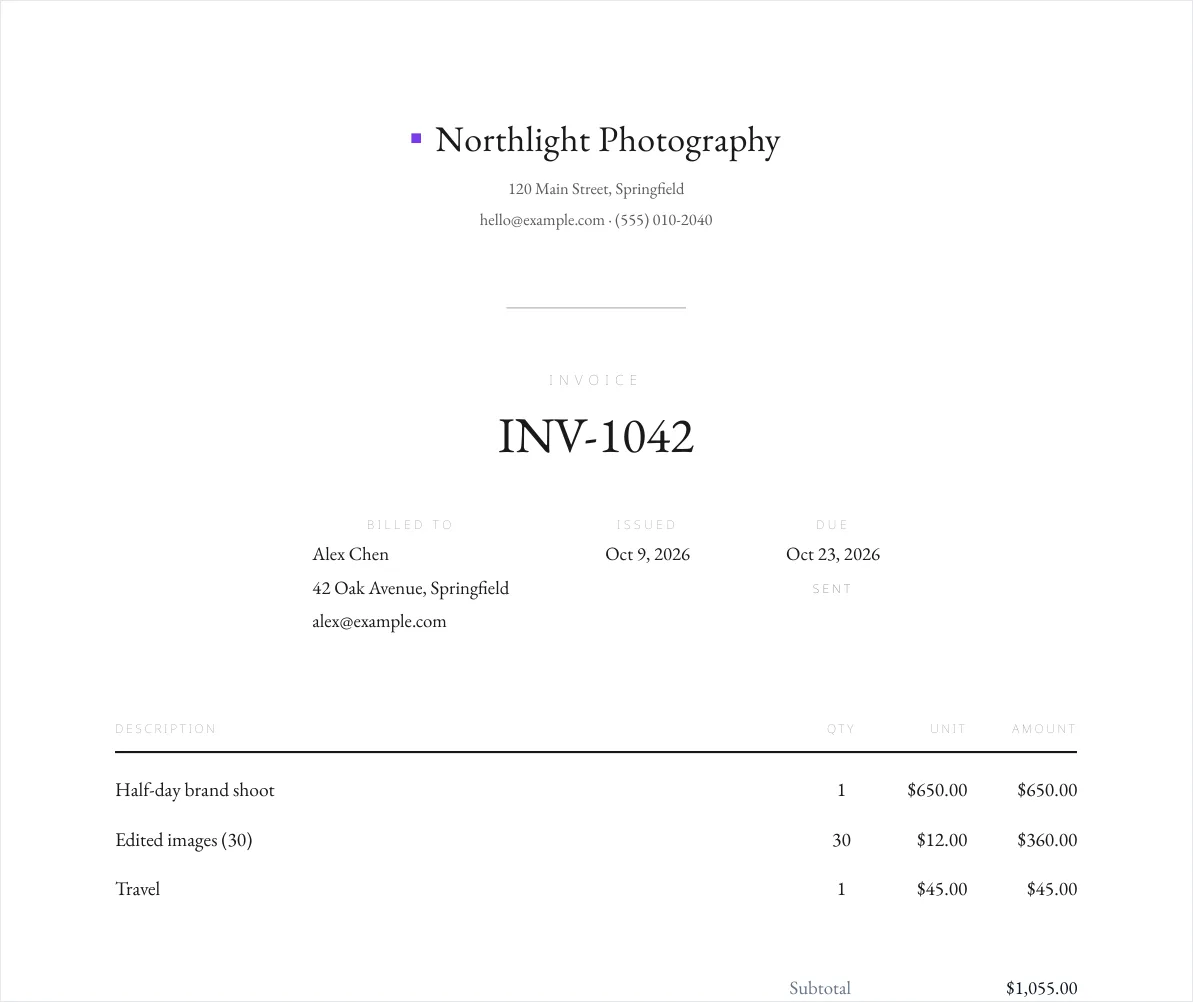 The Studio invoice template filled in for Northlight Photography (sample data)