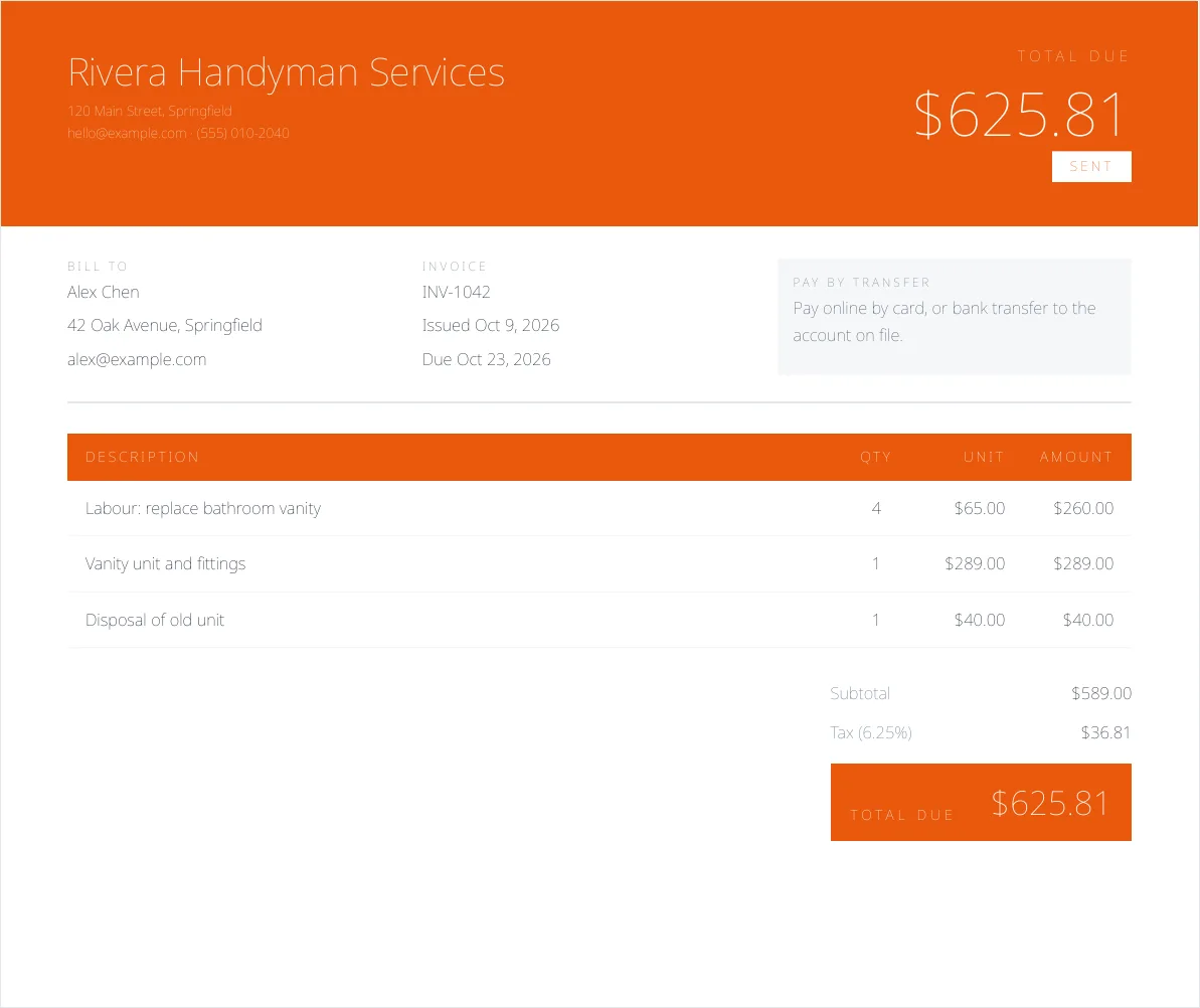 The Trade invoice template filled in for Rivera Handyman Services (sample data)
