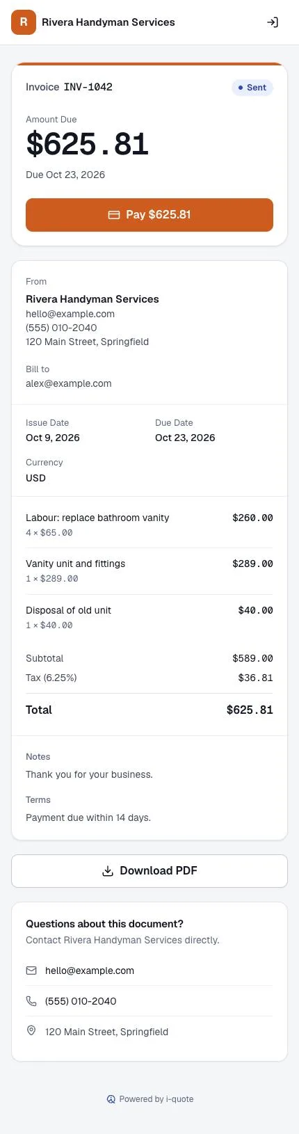 An i-quote invoice on a phone screen: Rivera Handyman Services, invoice INV-1042 issued Oct 9 and due Oct 23, 2026, three line items, a $625.81 total matching the accepted quote, a large Pay $625.81 button and a Download PDF link.