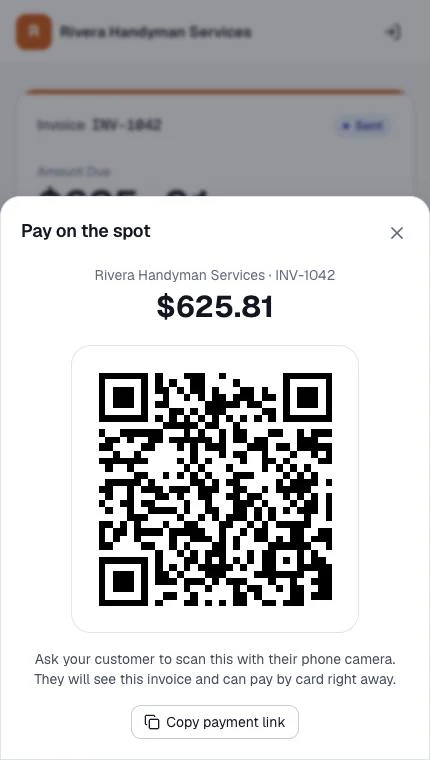 The Pay on the spot screen with the business name, invoice number, amount due and a QR code to scan