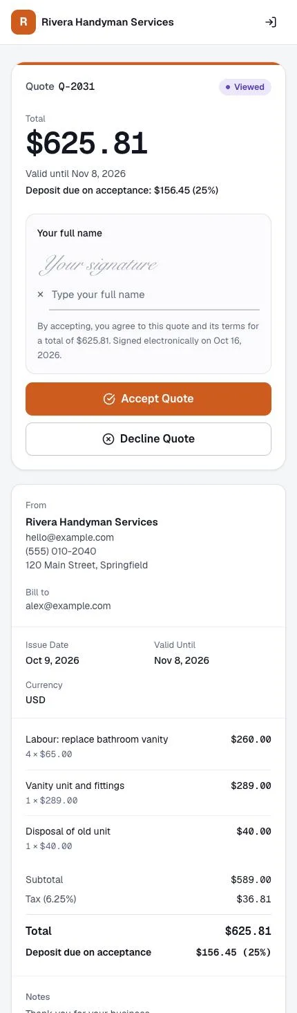 A client's view of an i-quote quote on a phone: quote Q-2031 from Rivera Handyman Services with three line items, a total of $625.81, a 25% deposit of $156.45 due on acceptance, a field for the client's full name, and Accept Quote and Decline Quote buttons.